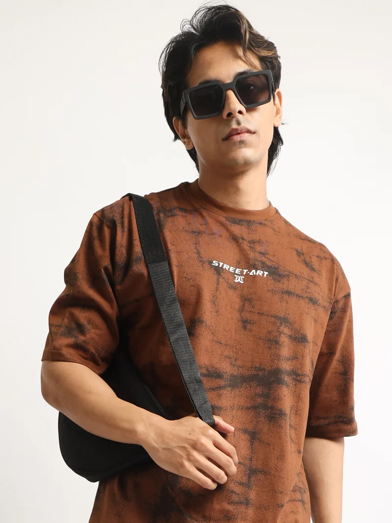 مانياك Maniac Mens Bubblegum Printed Round Neck Raglan Half Sleeve Cream and Black Cotton Tshirt